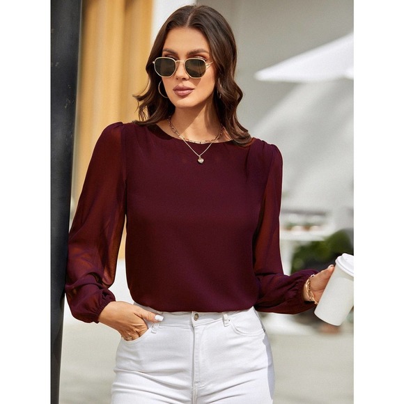 long sleeve sheer sleeve Lantern Sleeve Keyhole Back Blouse black - Picture 6 of 11